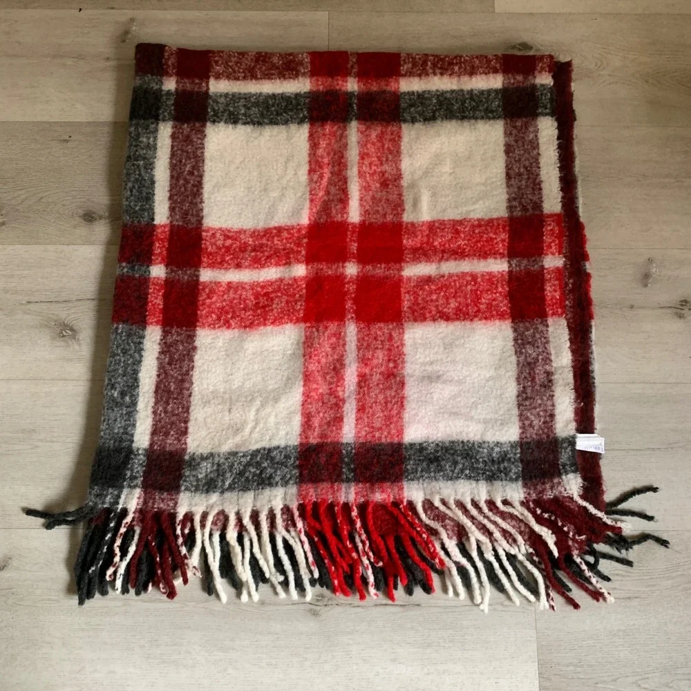 STRIPES HBC Red Plaid Wool Blend Fringe Throw Blanket 59x46 hme decor